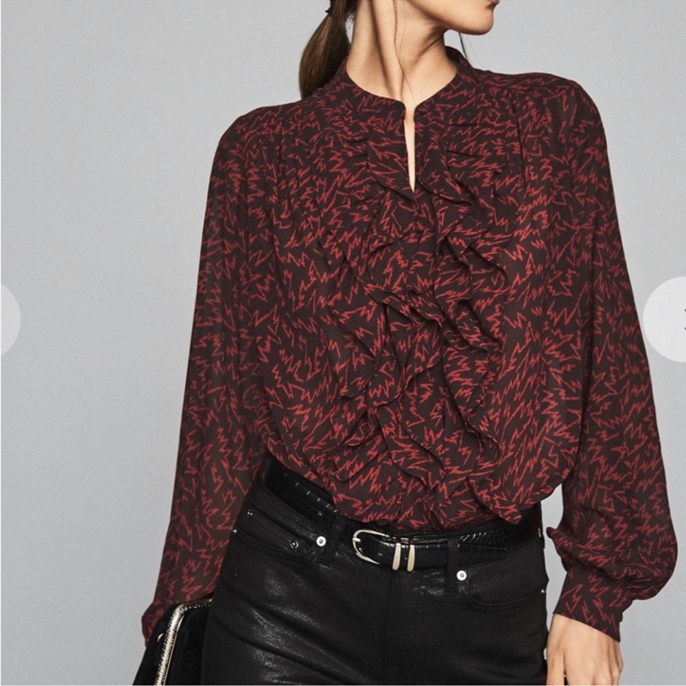 REISS Sz 6 Pippa Ruffle Zig Zag Blouse Shirt Top Red Print